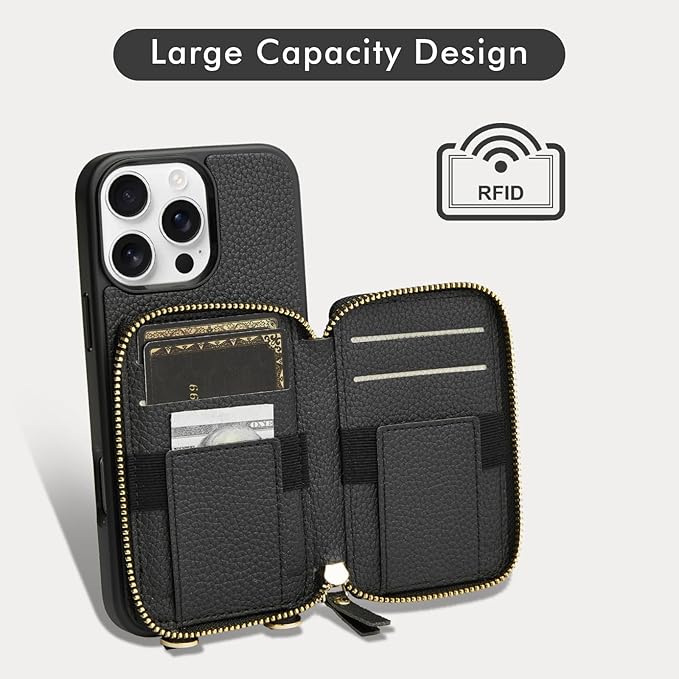 LAMEEKU for iPhone 15 Pro Max Wallet Case with Card Holder, Zipper Leather Crossbody Case with Kickstand Wrist Strap Lanyard for Women, Cover Phone Grip Holder Stand 6.7" -Black