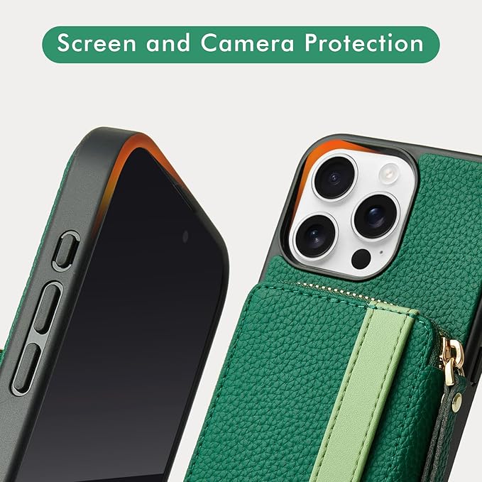 LAMEEKU for iPhone 15 Pro Max Wallet Case, Zipper Leather Card Slots Crossbody Case with Phone Grip Holder Stand Wrist Strap Lanyard for Women for iPhone 15 Pro Max 6.7 inch Dark Green