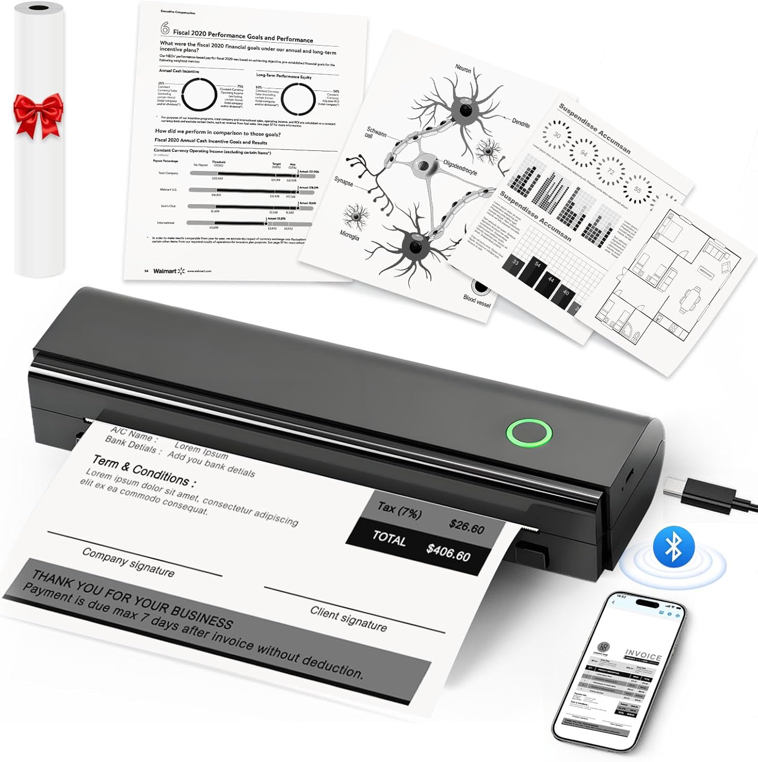 Portable Thermal Printer For Travel - N80 Inkless Bluetooth Printers, Wireless Impresora Portátil with 8.5"x11" US Letter Thermal Paper, Compatible with Phone, iOS, Android, Laptop For Home Office Car