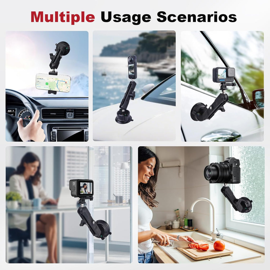 Camera Suction Cup Mount with Ball Head Magic Arm, Universal 360°Vacuum Suction Cup Mount for Action Cameras/GoPr0 Hero 13/DJI Osmo X4/Phone Holder on Car Windshield,Dashboard-Video Shooting,JC028