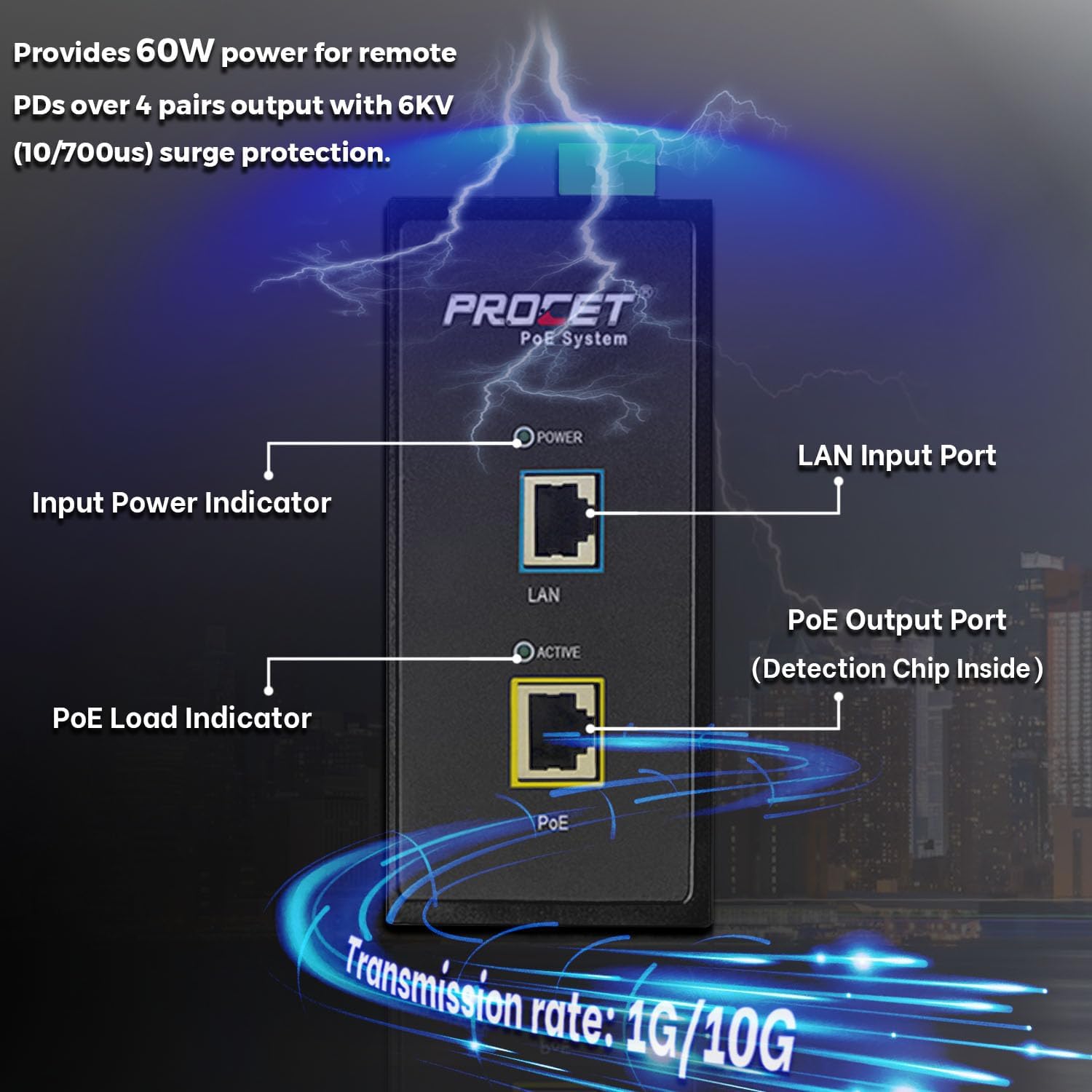 PROCET 10 Gbps Gigabit PoE++ Injector Din Rail, 60W Industrial Adapter with Wide Temp -40°F to 149°F, 6KV Surge Protection, AC/DC Input, IEEE802.3af/802.3at/802.3bt, PT-PSE105GB-AC-10