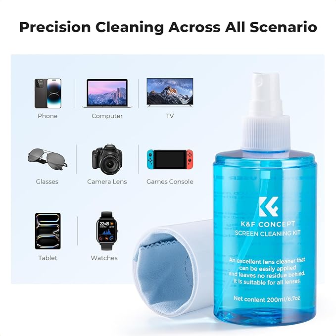 KF Concept Screen Cleaner Spray, with 2 Microfiber Cleaning Cloth, Touchscreen Cleaning Kit for LCD LED DVD TV, Smartphone, iPad, Laptop, Tablet Monitor, Computer Monitor, Electronic Devices (200ml)