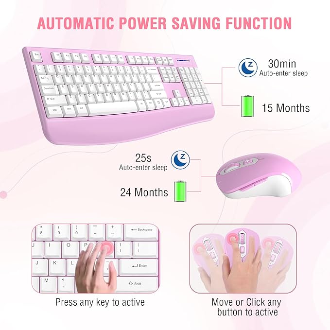 Wireless Keyboard and Mouse Combo, EDJO 2.4G Full-Sized Ergonomic Computer Keyboard with Wrist Rest and 3 Level DPI Adjustable Wireless Mouse for Windows, Mac OS Desktop/Laptop/PC(White Pink)