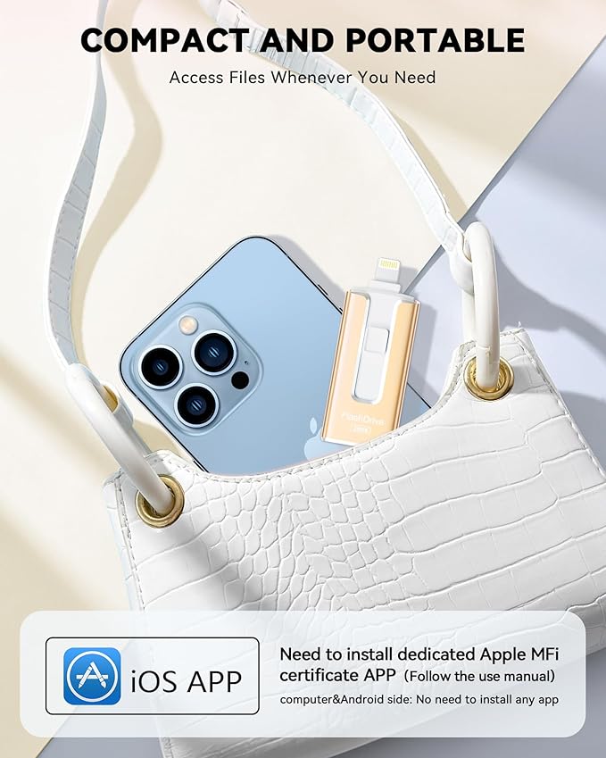 MFi Certified 256GB Flash Drive for iPhone iPad, Photo Stick for External Memory Storage, Easily Back Up and Save Photos Videos, USB Memory Stick Thumb Drive for iPhone/iPad/Android/PC (Gold, 256GB)
