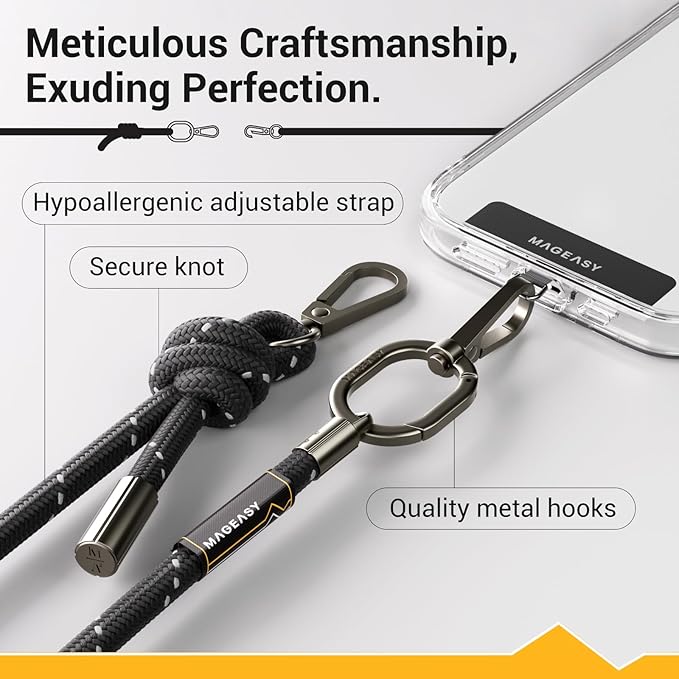 MAGEASY Universal Cell Phone Lanyard - Anti-Theft Thick Rope Crossbody Phone Strap for iPhone 16 Pro Max & Most Smartphones, for Men & Women | 8.3mm Reflect Black
