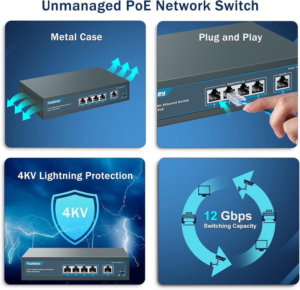 YuanLey 5 Port Gigabit PoE Switch with 4 Port PoE+ 1000Mbps, 802.3af/at 78W Built-in Power, Fanless Metal Unmanaged Plug & Play