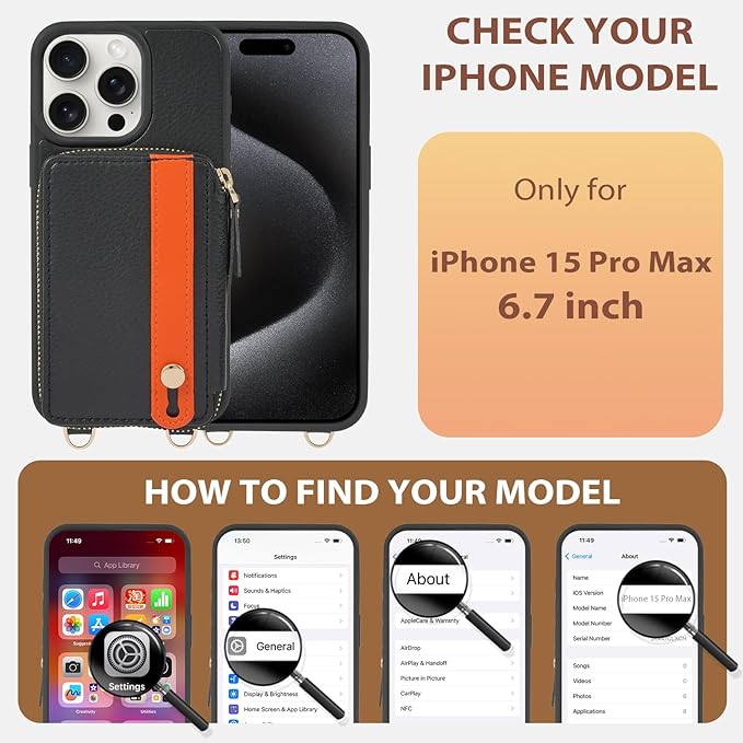 LAMEEKU for iPhone 15 Pro Max Wallet Case with Card Holder, Zipper Leather Crossbody Case with Kickstand Wrist Strap Lanyard for Women, Cover Phone Grip Holder Stand 6.7" -Black