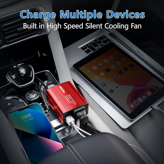 150W Power Inverter 12v to 110v Car Adapter Outlet to Wall Plug with 3.1A Dual USB Car Charger for Laptop Computer-Red