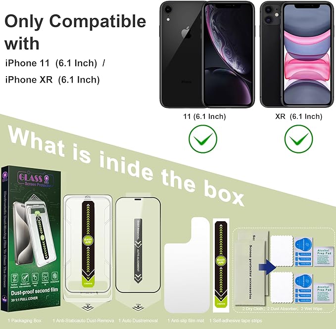 (2-Pack Ultra HD Clear Screen Protector for iPhone 11/XR (6.1-Inch),9H Tempered Glass,Full Coverage,Anti-Fingerprint,Auto Dust Removal,Bubble-Free,Easy Installation