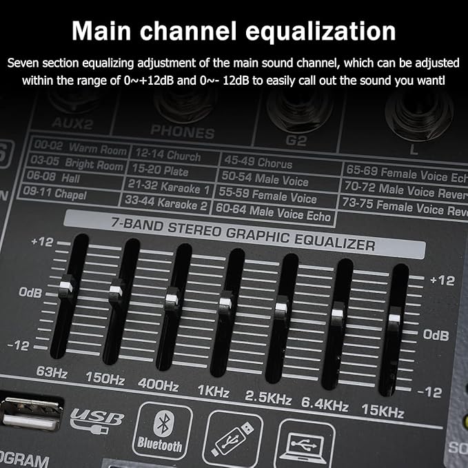 W IN-MIX DX8 Professional DJ Audio Mixer 8 Channel with 99 DSP Effects,7-band EQ,Independent 48V Phantom Power&Mute Button,Bluetooth Function,USB Interface Recording For Studio