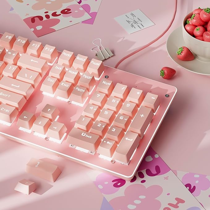 EWEADN TK100 Typewriter Keyboard Wired Mechanical Keyboard, 104 Keys Aesthetic Typewriter Keyboards with White Backlit, Anti-Ghosting, Blue Switch Wired Cute Keyboards-Pink