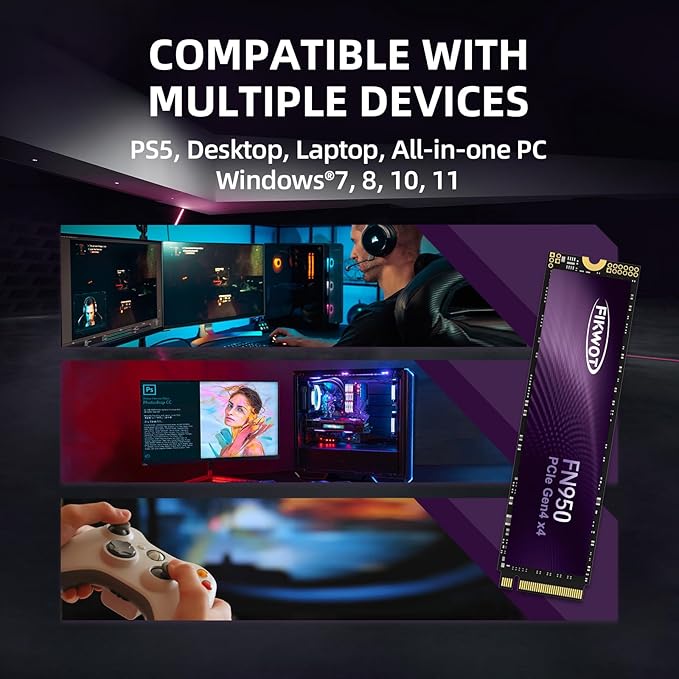 FN950 2TB NVMe SSD M.2 2280 PCIe Gen4x4, Up to 4800MB/s, Internal Solid State Drive, Configure SLC Cache, Storage and Memory Expansion for PS5 Laptop Desktop