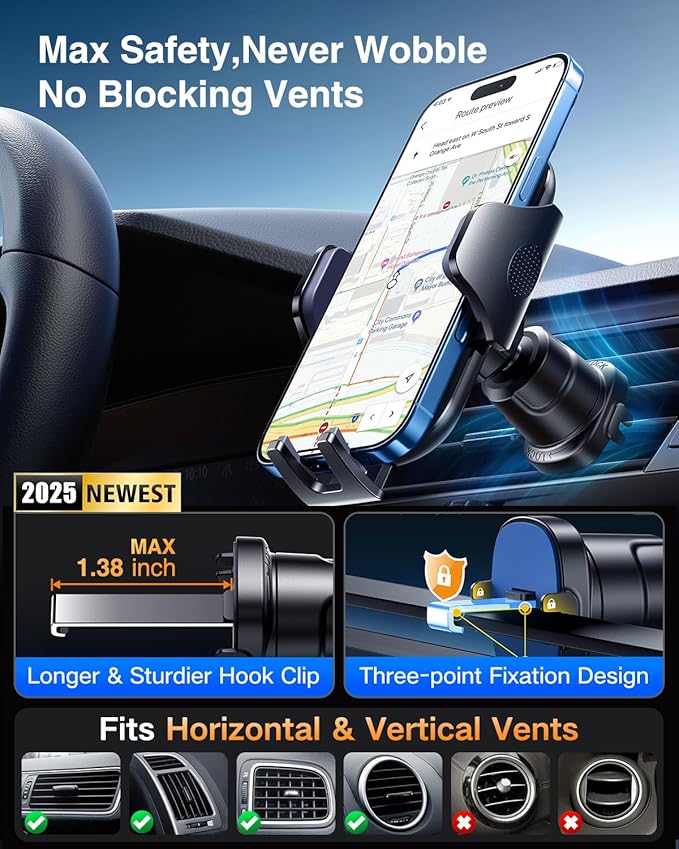 VANMASS Car Phone Holder Mount 2025 Upgraded [Patent Steel-Hook] Car Vent Phone Mount Clip Military-Grade Shockproof Cell Phone Car Mount Handsfree Truck Stand Vent Cradle for iPhone 16 Android,Black