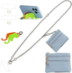 Clip and Go Strap for Phone Silver Metal Chain with Blue Pouch Wallet Crossbody Phone Lanyard for Women with Cell Phone Stand Holder 2 Patches Tether Adjustable Anti Theft for iPhone 16 15 All Phones