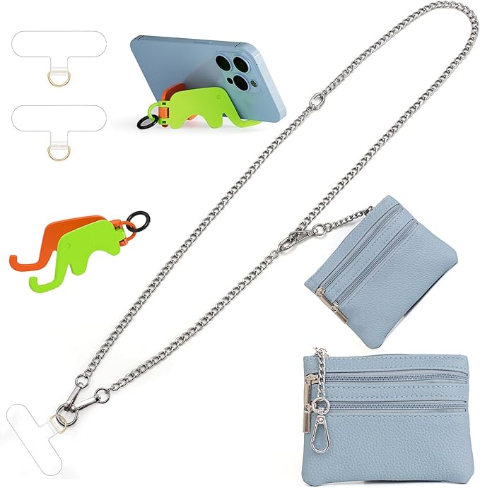 Clip and Go Strap for Phone Silver Metal Chain with Blue Pouch Wallet Crossbody Phone Lanyard for Women with Cell Phone Stand Holder 2 Patches Tether Adjustable Anti Theft for iPhone 16 15 All Phones