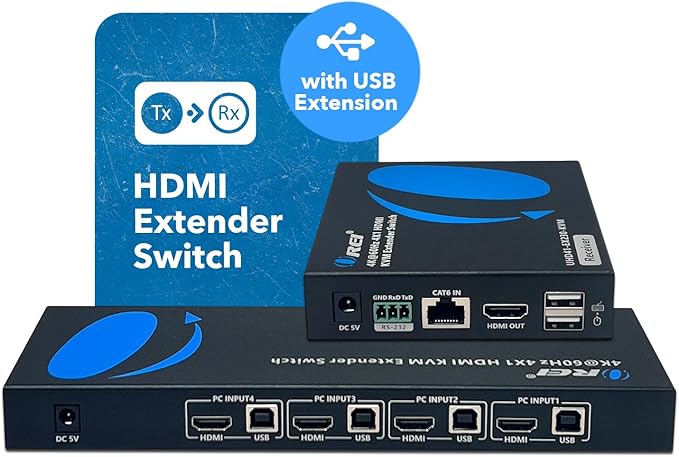 OREI 4x1 KVM 4K HDMI Over Ethernet Extender Switcher Balun Over CAT6/7 Cable 4K@60Hz Upto 230 Feet - 2 USB 1.1 Ports, Supports Keyboard and Mouse USB