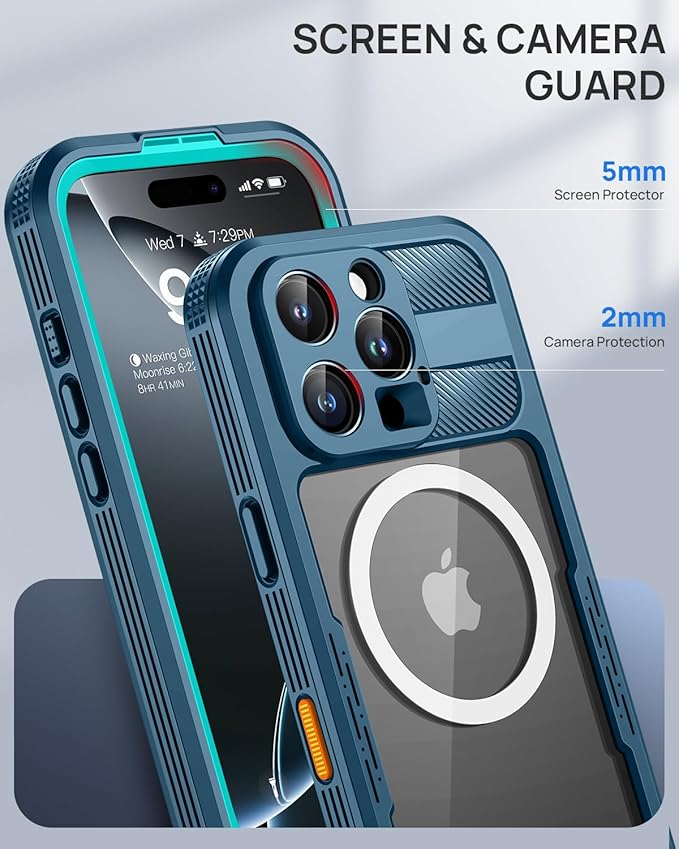Lanhiem Magnetic for iPhone 16 Pro Max Case, IP68 Waterproof Dustproof Case, [Compatible with Magsafe] [Built-in Screen Protector] Full Body Heavy Duty Rugged Phone Cover 6.9 inch, Blue/Clear