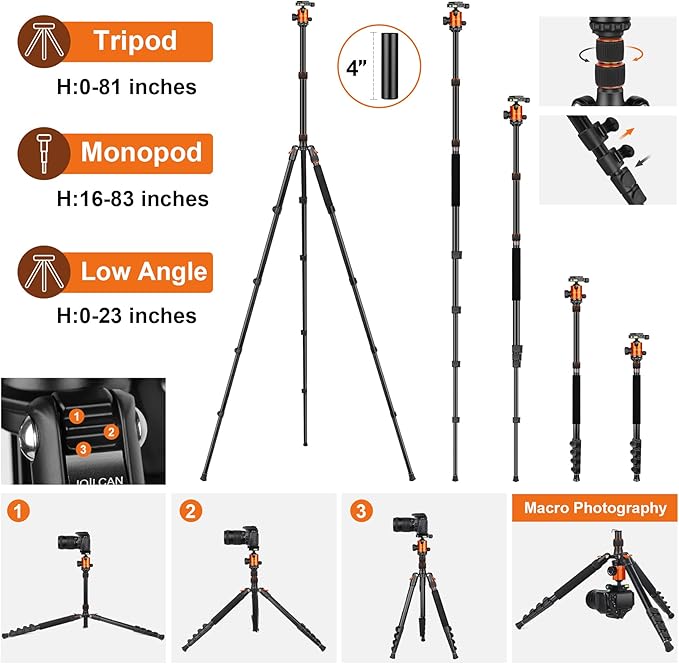 JOILCAN Tripod for Camera, 81" Aluminum Camera Tripod, 83" DSLR Tripods & Monopods, Heavy Duty Travel Tripod for Binoculars Spotting Scope Telescope, Professional Complete Tripod Units, Payload 35lb