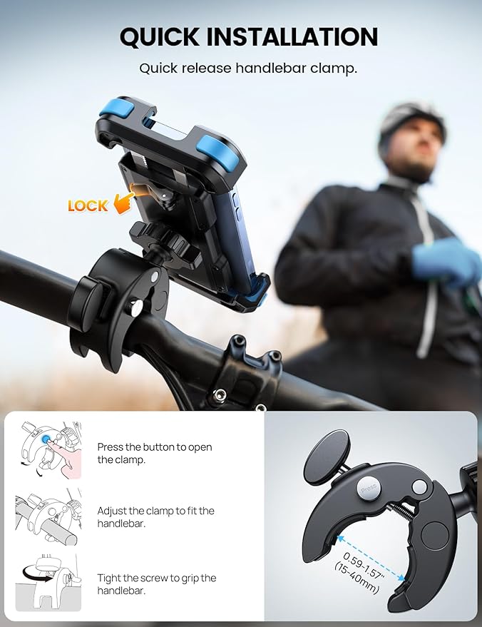 Lamicall Motorcycle Bike Phone Mount - Upgrade Quick Install Handlebar Holder Clip for Bicycle Scooter, Cell Phone Clamp for iPhone 15 14 13 Pro Max, Galaxy S24 and More 4.7-6.8" Phone, Blue