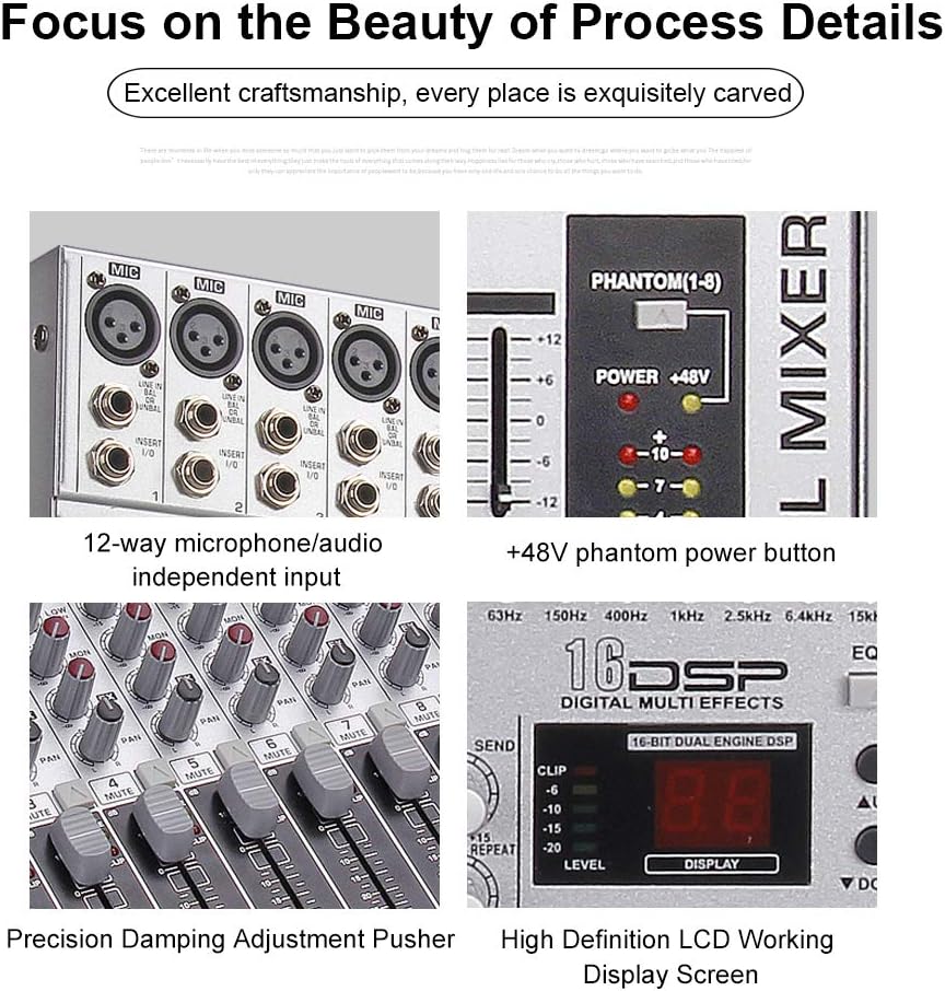 G-MARK GMX1200 DJ Mixer 12 Channel Professional Audio Mixer USB Mixing Console Music Studio 8 Mono 4 Stereo 7 Band EQ 16 Effect Podcast Streaming Audio Interface