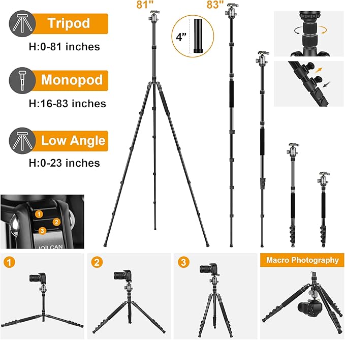 JOILCAN Tripod for Camera, 81" Aluminum Camera Tripod Monopod, Heavy Duty Travel Tripods for Spotting Scope Binoculars Laser Level, Payload 35Lb