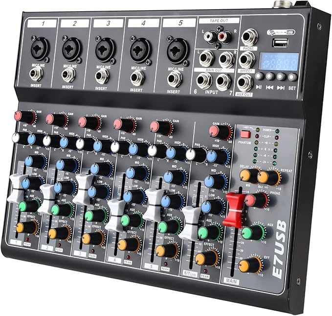 Dj Mixers 7 Channel Audio Mixer Sound Board with Bluetooth, Usb Audio Interface with 48V Phantom Power Sounds Mixer Board with FX Reverb Delay Effect for Streaming