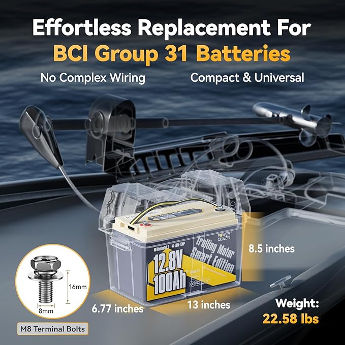 Power Queen 12V 100Ah Group 31 LiFePO4 Battery Bluetooth 5.0, Deep Cycle LiFePO4 Battery Max. Output Power 1280W, 100A BMS with Low-Temp Cut-off Protection for RV, Trolling Motors, Solar System