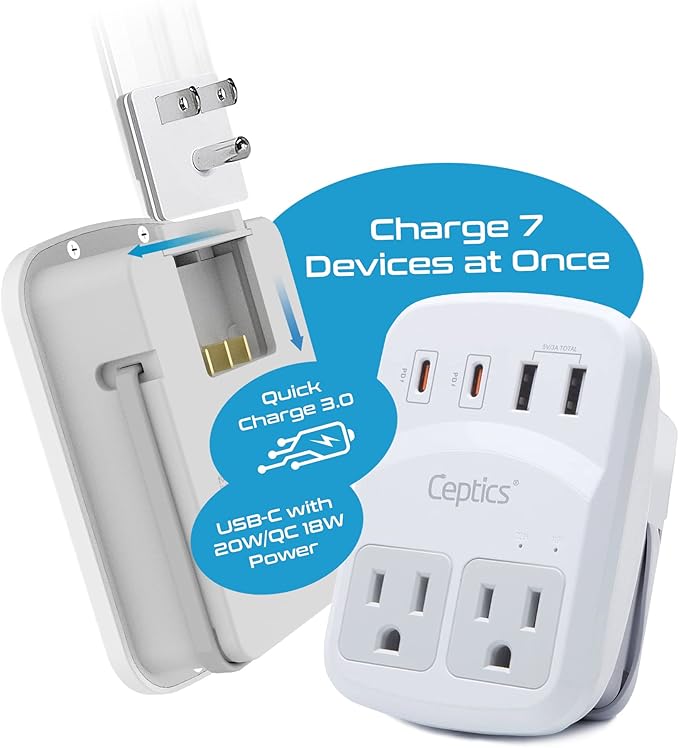 Ceptics World Travel Adapter Kit 2 USB-A, USB-C US Outlets, 20W/QC 18W Power Delivery, Surge Protection, SWADAPT Compatible for Europe, UK, China, Australia, Japan Perfect Laptop (WPS-5B)
