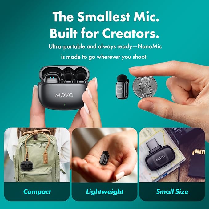 Movo NanoMic Dual USB-C Wireless Microphone for iPhone 15/16 and Up, Android, iPad Pro & Laptops – Wireless Lavalier Mic for USB-C Smartphones & Devices, Great for Vlogging & TikTok