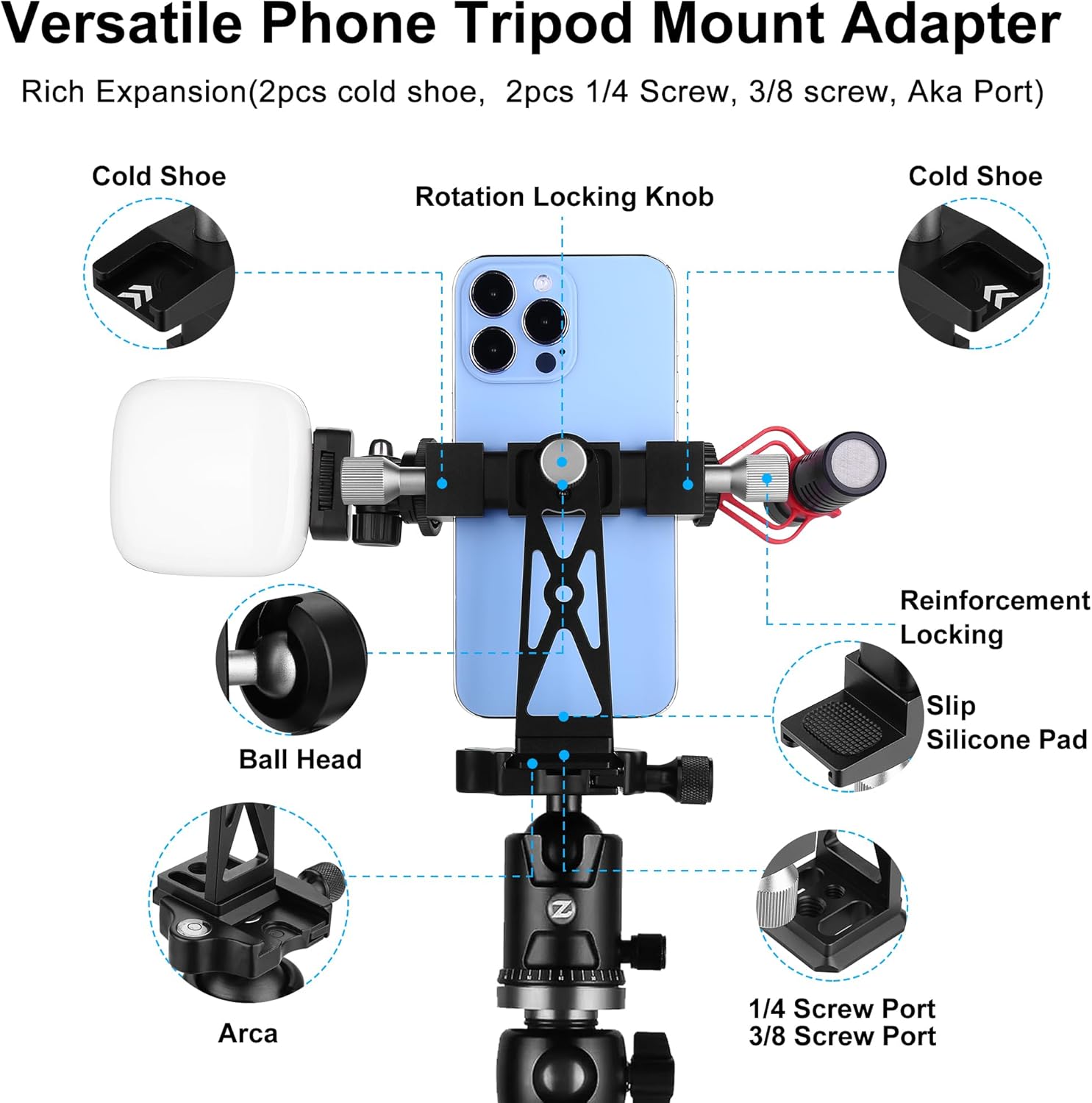 Peastrex Metal Phone Tripod Mount Extra Deep Clamp with Arca Port Cold Shoe 360°Ball Head Cellphone Tripod Adapter for iPhone Galaxy Smartphone Stand Holder for Vlogging Video Camera Monitor