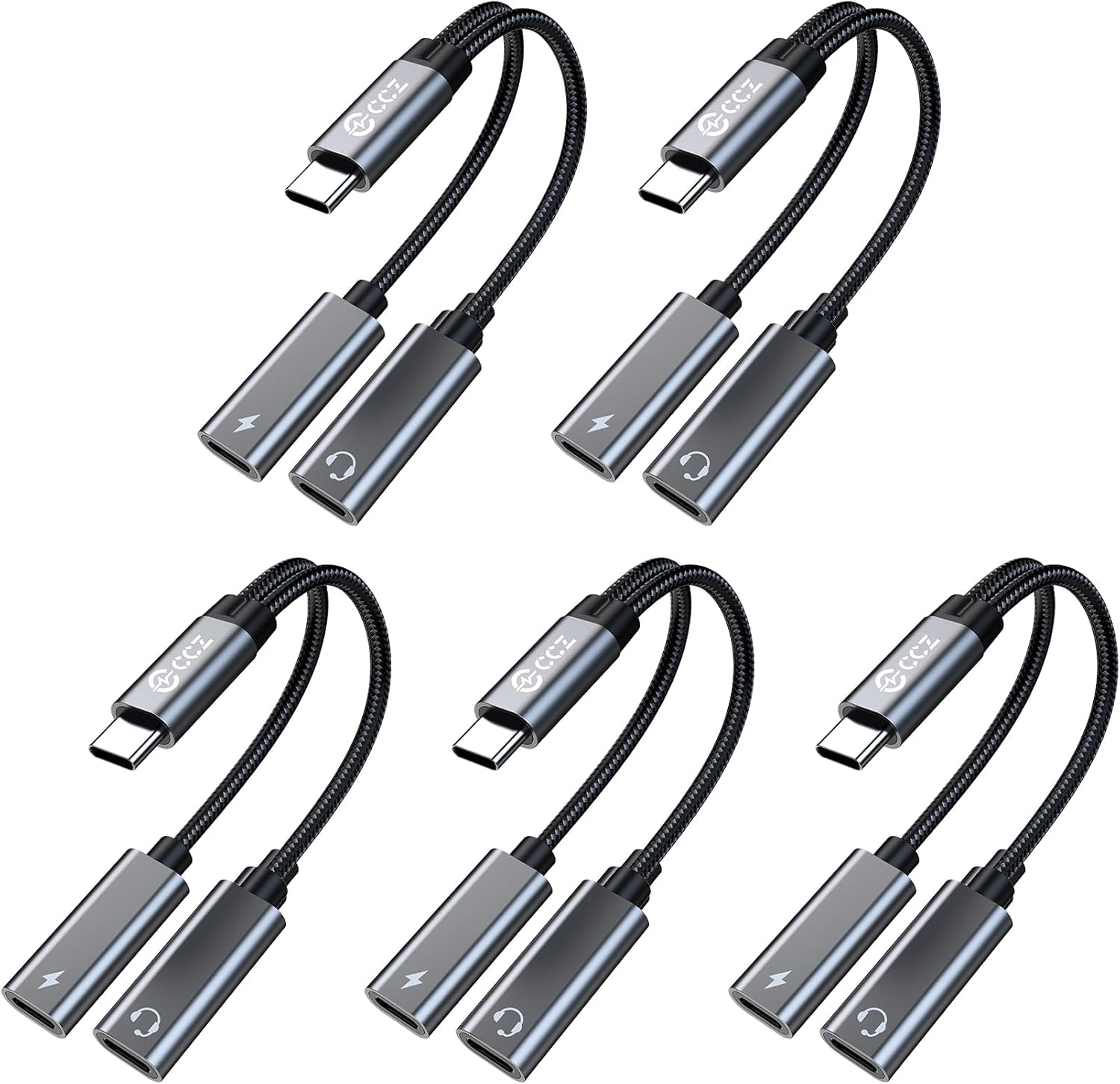 5PCS USB C Headphone Splitter,CCZ CA01 USB C to Type C Headphone Jack and Charger Adapter, 1 in 2 out Dongle Hi-Res DAC Audio Cable with PD 60W Fast Charging for Samsung Galaxy S25 S24 S23 (USBC-USBC)