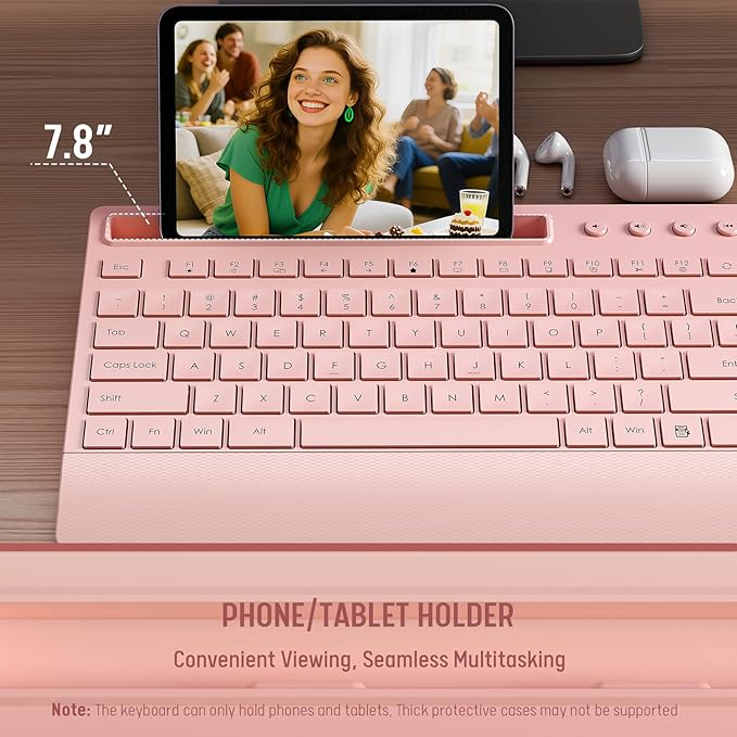 Pink Keyboard and Mouse Wireless, 2.4G Lag-Free Cute Keyboard Combo with Ergonomic Wrist Rest, Phone Holder & Batteries Included, Cordless Silent Key Board Set for Computer, PC, Windows - Trueque