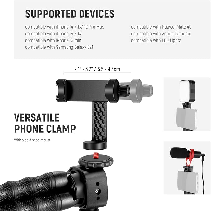 NEEWER T91 Flexible Tripod for iPhone Mini Cellphone Tripod Stand for Vlog, Magic Arms/Shutter/Phone Clamp/Action Camera Mount Compatible with GoPro