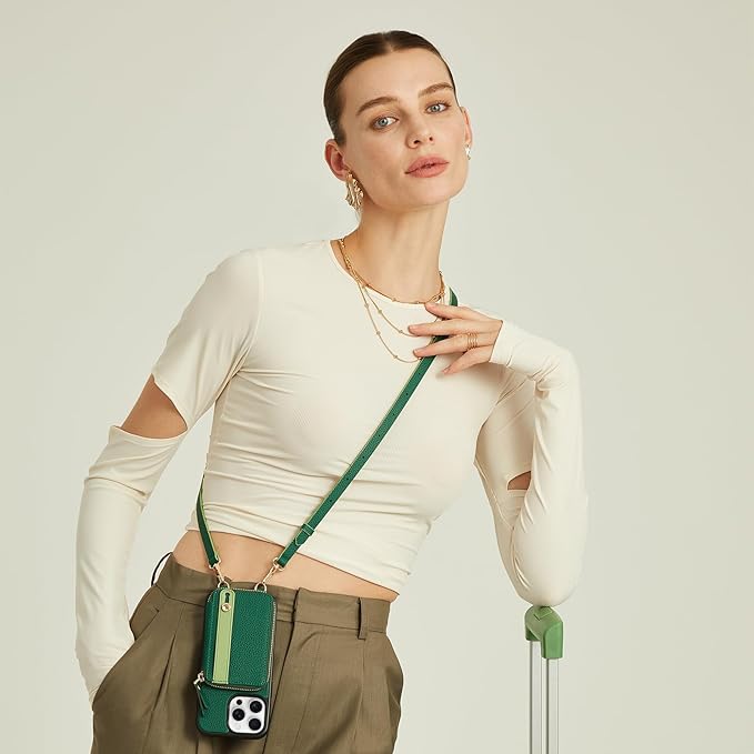 LAMEEKU for iPhone 15 Pro Wallet Case, Zipper Leather Card Slots Crossbody Cover Wrist Strap Lanyard with Phone Grip Holder Stand for iPhone 15 Pro 6.1 inch Dark Green