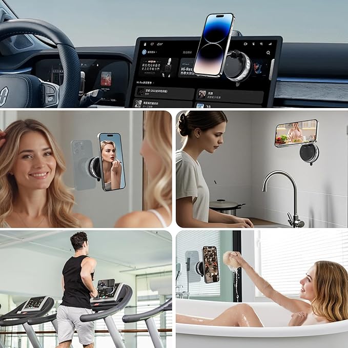 Vacuum Suction Magnetic Phone Holder, 2025 Upgraded Foldable Retractable Magnet Suction Cup Phone Mount for Car, 360° Adjustable Magnetic Phone Stand for Cars/Gyms/Mirrors/Smooth Surface