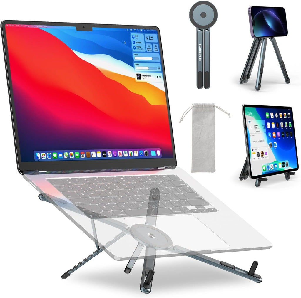 Adjustable Laptop Stand for Desk, Magnetic Phone Holder with Magsafe Compatibility, Portable Foldable Computer Riser for MacBook, iPhone, iPad, Tablet - Perfect for Office, Home, Traveling