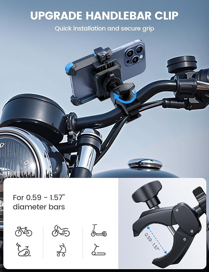 Lamicall Motorcycle Bike Phone Mount - [1s Quick Release] Bike Cell Phone Holder Clip, Bicycle Scooter Handlebar Clamp, for iPhone 16 15 14 Pro Max, Galaxy S25 S24 Ultra, 4.7-7" Phones, Blue