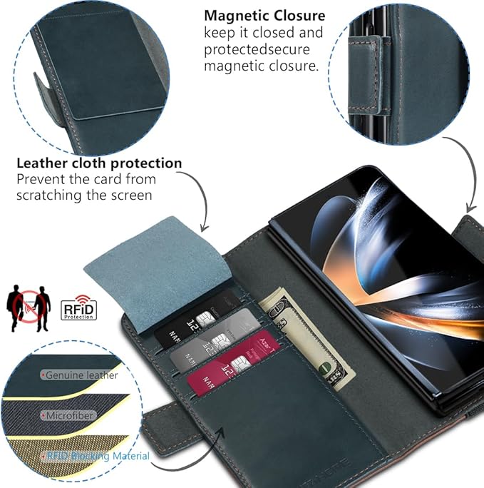 KEZiHOME for Samsung Galaxy Z Fold 4 Case, Genuine Leather Wallet Case [RFID Blocking] with Card Holder Flip Kickstand Magnetic Cover Compatible with Samsung Z Fold 4 5G (Navy Blue/Brown)