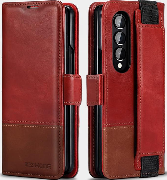 KEZiHOME for Galaxy Z Fold 4 Case, Genuine Leather Wallet Case [RFID Blocking] with Card Holder Kickstand Book Flip Folio Case Compatible with Samsung Galaxy Z Fold 4 (Red/Brown)