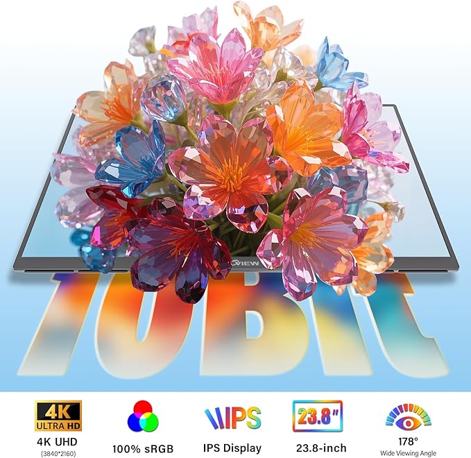 Innoview 23.8” 4K Large Portable Monitor, UHD (3840*2160) 100%sRGB IPS Speakers USB-C HDMI Work Home Second Monitor W/180°Adjustable Stand for Laptop, Desktop, Macbook, Phones, Tablet, PS5/4, Switch