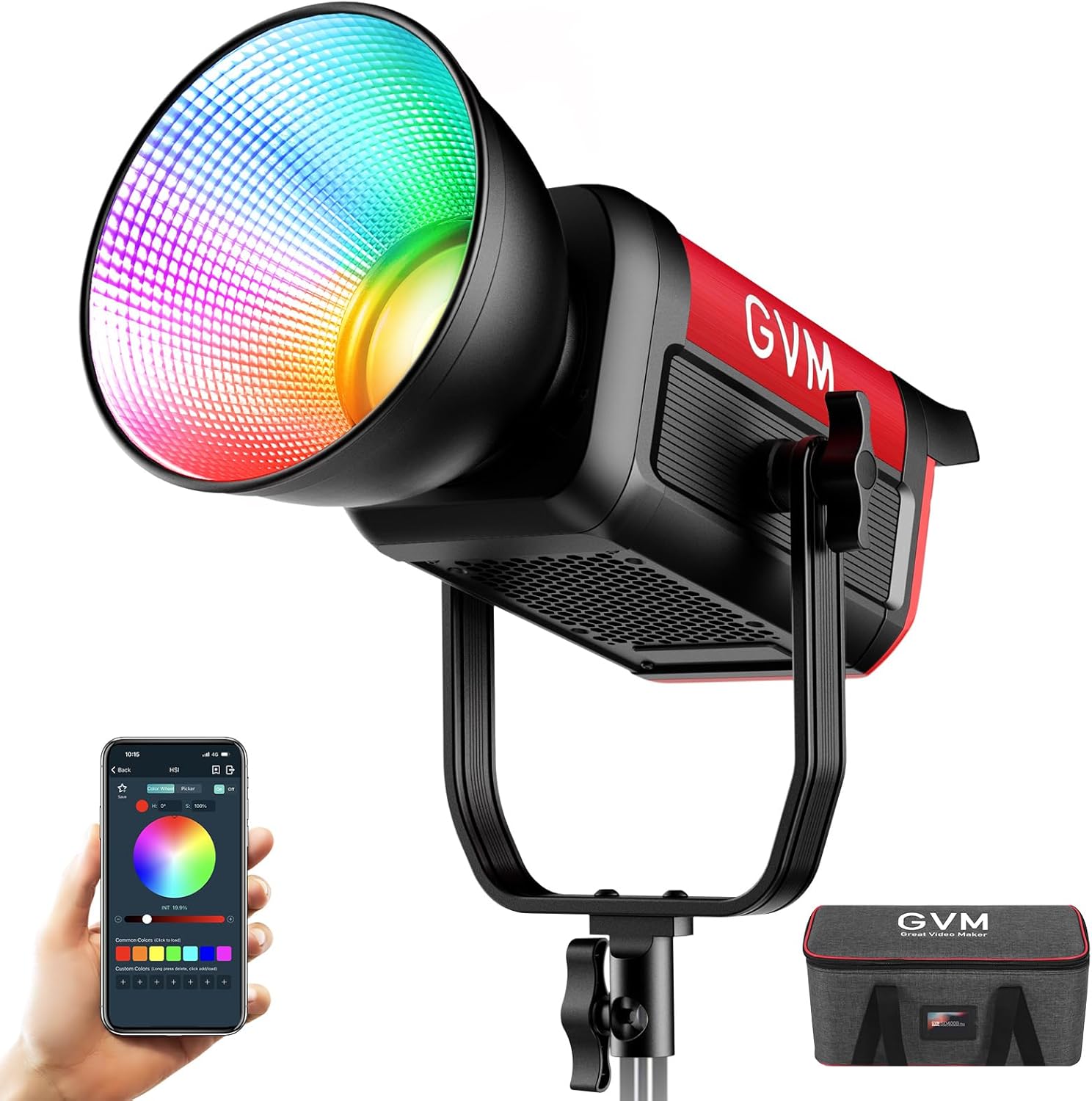 GVM 300C RGB Video Light, 300W Studio Light 2000K-10000K,48,200 Lux@ 1m with Reflector Photography Lighting with Bowens Mount & DMX Control, Studio Light for Film Recording,16 Lighting Effects
