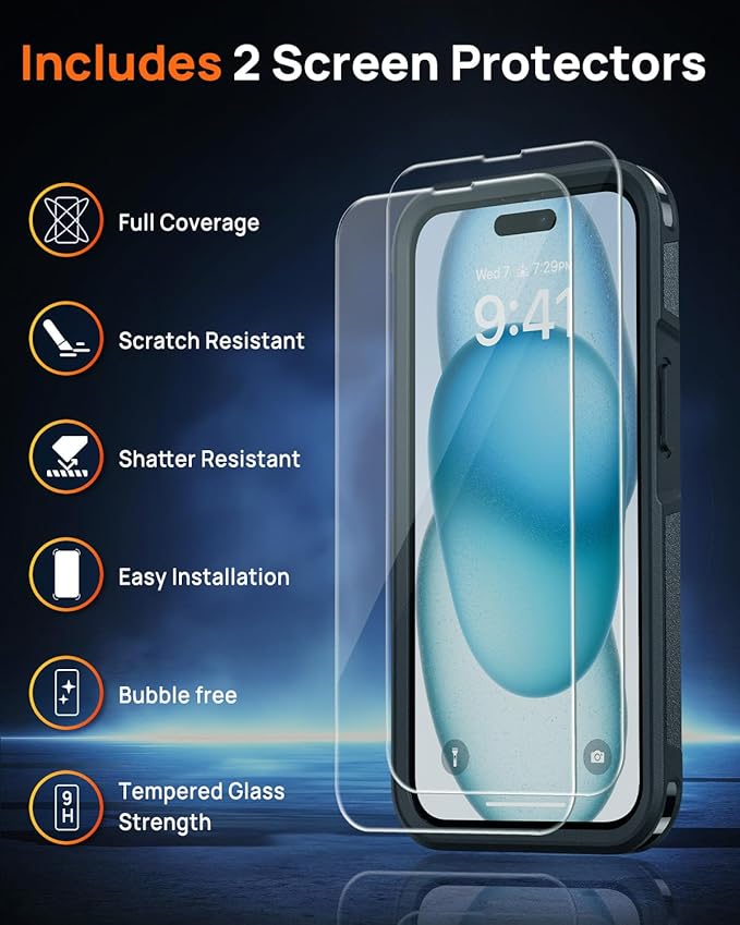 Lanhiem for iPhone 15 Case Magnetic, [2 Pack Tempered Glass Screen Protector][Compatible with MagSafe][10 FT Military Grade Shockproof] Heavy Duty Tough Rugged Phone Cover for iPhone 15 - Black