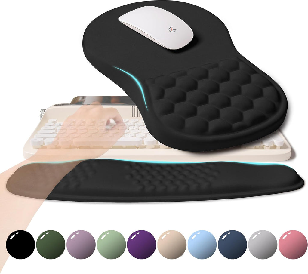 2-in-1 Ergonomic Set, Wave Rise Keyboard Wrist Rest and Massage Bulge Slope Mouse Pad Wrist Support, Cushion Memory Foam Integrated to Relieve Wrist Pain, Black