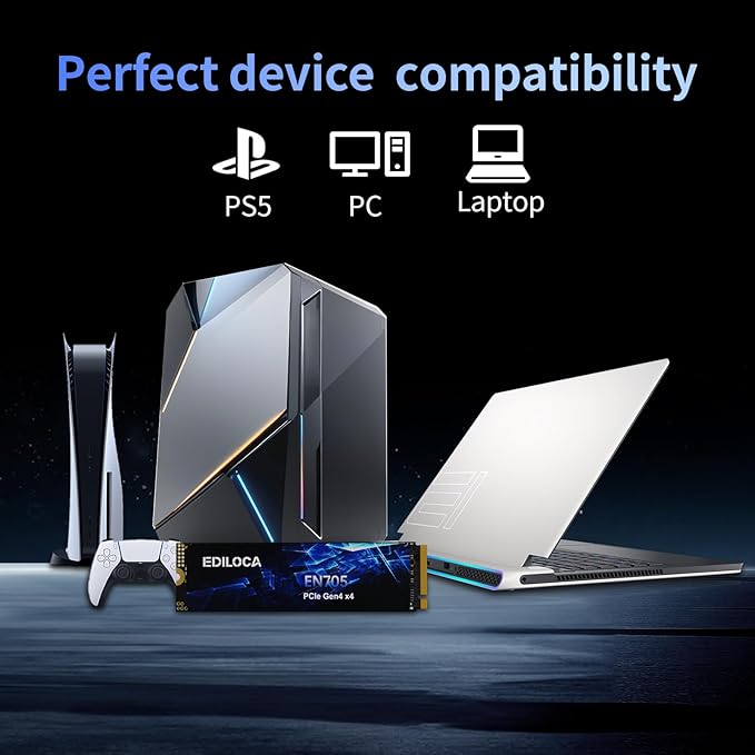 1TB SSD NVMe M.2 2280 PCIe Gen4 x4 Internal Solid State Drive - Up to 5000MB/s, 1TB SSD PS5 Dynamic SLC Cache, PS5 Compatible for Gaming PC Laptop(EN705)