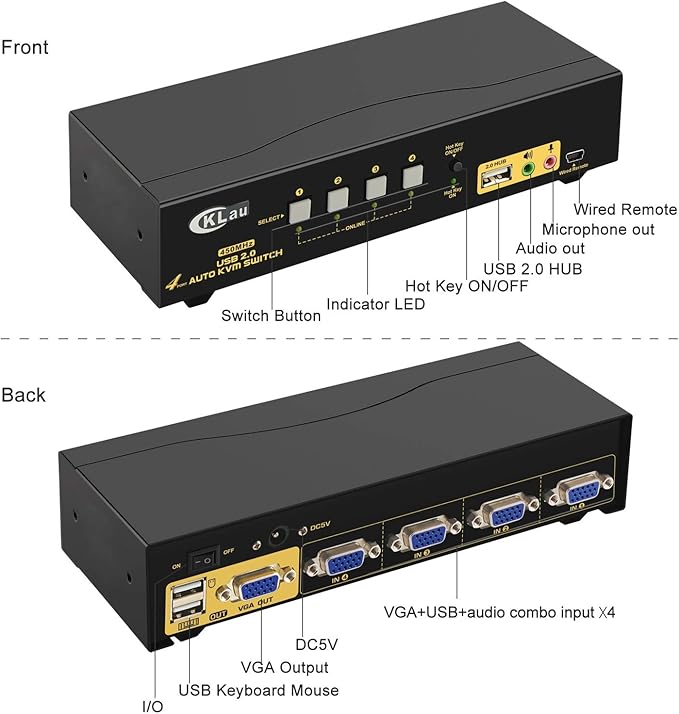 CKLau 4 Port 450MHz USB Auto VGA KVM Switch with Audio and Cables, Monitor Switch for Multiple Computers Support Windows, Linux, Mac, Debian, Ubuntu, Fedora, Raspbian, Ubuntu