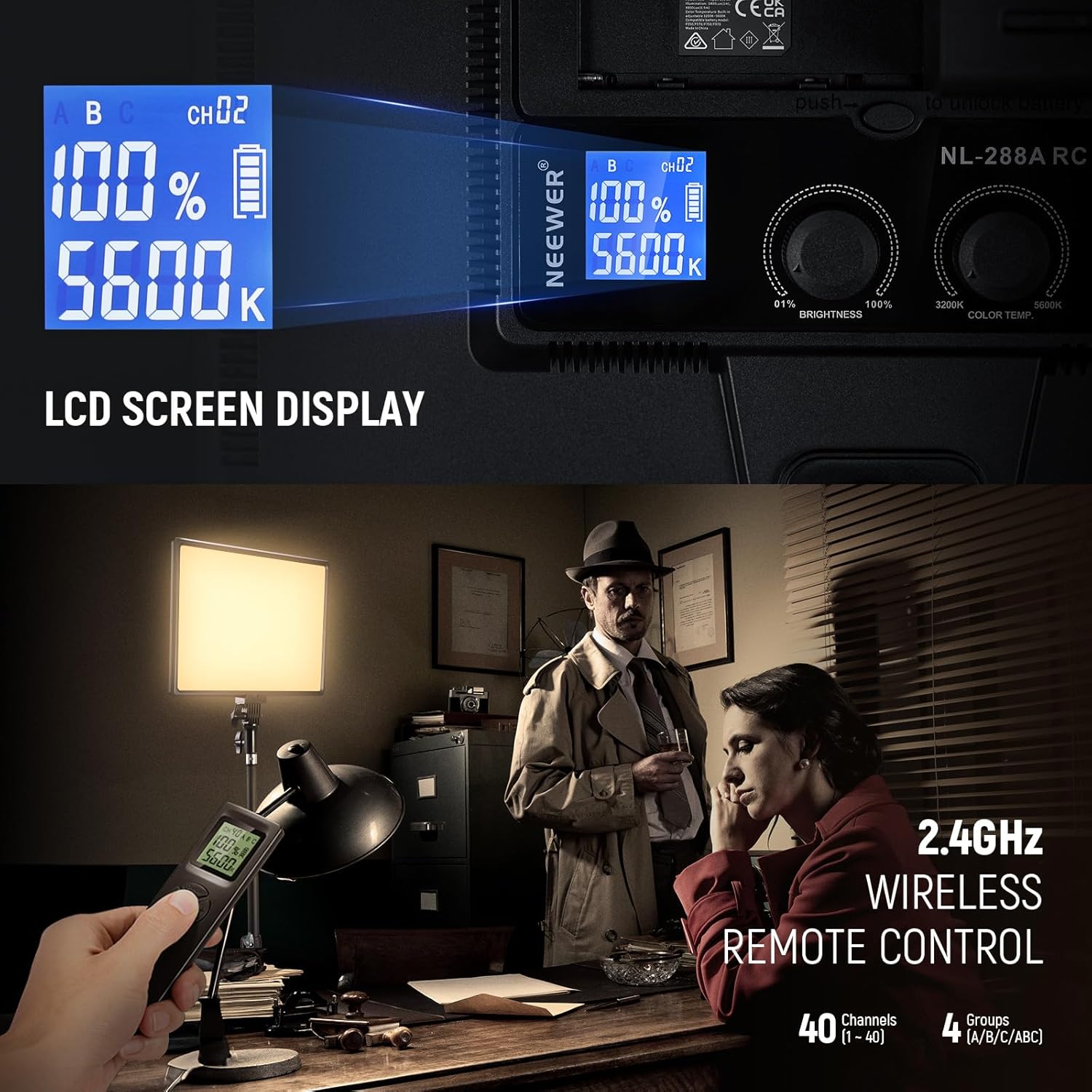 NEEWER 18" LED Video Light Panel Photography Lighting Kit with Tripod Stand Remote Cleaning Cloth, 2 Pack 45W Dimmable Bi Color Soft Studio Key Light 3200K-5600K CRI97+ 4800Lux for Streaming Recording