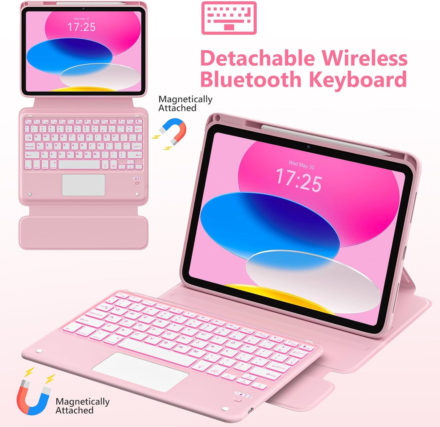 TaIYanG Touchpad for iPad A16 11th/10th Generation Case with Keyboard, 7 Color Backlit 360 Rotation Cover with Pencil Holder,Detachable Keyboard for iPad 11 inch 2025/10th Gen 10.9'' 2022 (Light Pink)