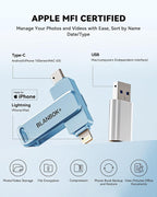 MFi Certified 256GB Flash Drive for iPhone Photo Stick, USB Thumb Drive Memory Stick High Speed USB Drive Photo Storage for iPhone Flash Drive Compatible for iPhone/iPad/Android/PC (Blue)