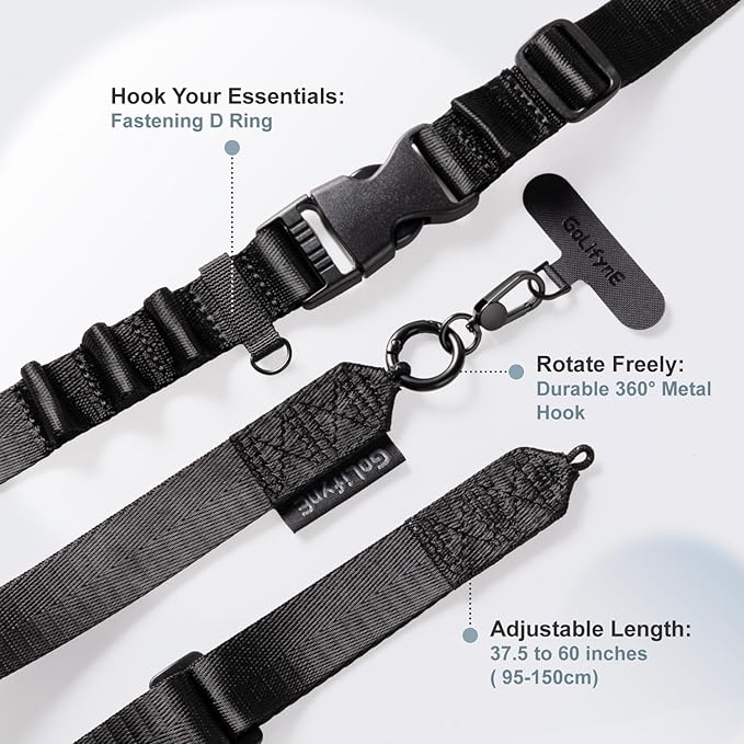 25mm Crossbody Phone Lanyard, Anti-Theft Crossbody Phone Strap for iPhone 16 Pro Max and Most Smartphones, Cell Phone Neck Lanyard w/ 2 Non-Adhesive Tether Tabs for Men and Women, Black