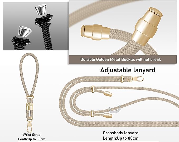 Cell Phone Lanyard Adjustable Crossbody Phone Lanyard *1 Phone Wrist Strap *1 with Deluxe Gold Matal Buckle + Clear Tether Tabs *2 for Shopping Travelling Hiking(KHAKI)